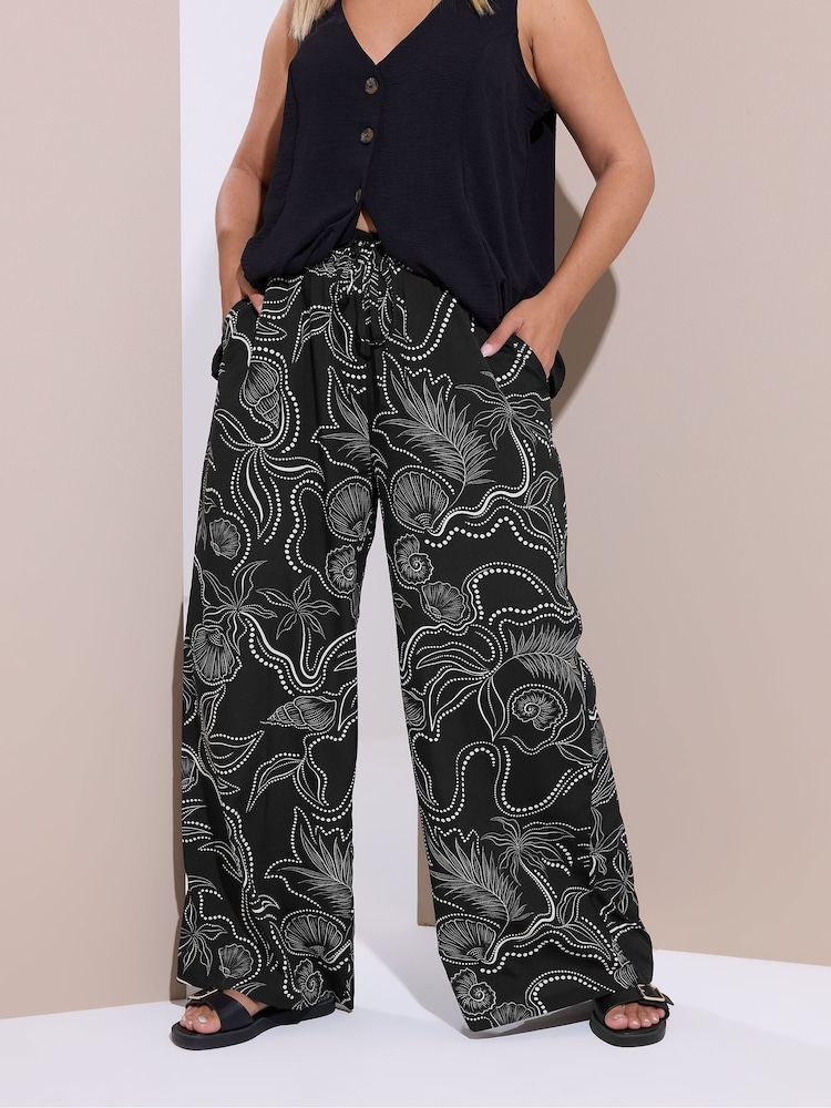 Yours Curve Black Shell Print Wide Leg Trousers - Image 1 of 5
