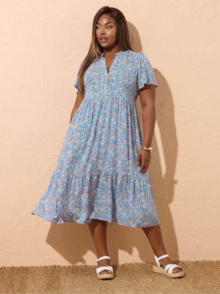 Yours Curve Blue Half Placket Dress - Image 2 of 5