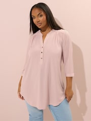 Yours Curve Pink Half Placket Ribbed Blouse - Image 1 of 5
