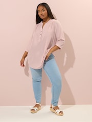 Yours Curve Pink Half Placket Ribbed Blouse - Image 2 of 5