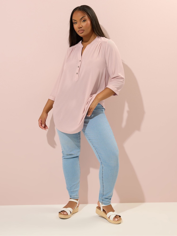 Yours Curve Pink Half Placket Ribbed Blouse - Image 2 of 5