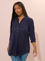 Yours Curve Blue Half Placket Ribbed Blouse - Image 1 of 5