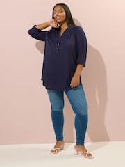 Yours Curve Blue Half Placket Ribbed Blouse - Image 2 of 5