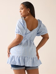 Yours Curve Blue Gingham Seersucker 100% Cotton Top - Image 3 of 5