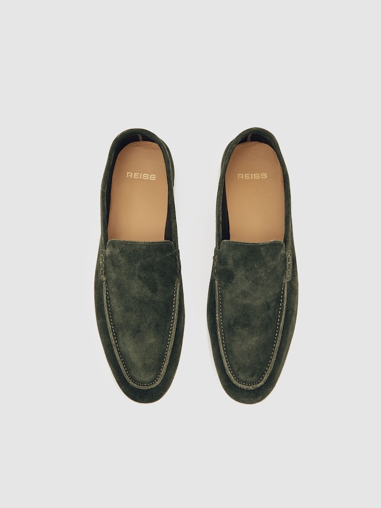 Reiss Forest Green Kason Suede Slip-On Loafers - Image 2 of 4 Reiss Forest Green Kason Suede Slip-On Loafers - Image 2 of 4
