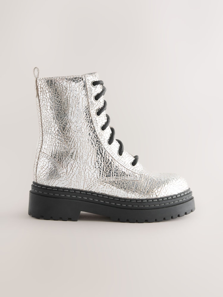 Silver Crackled Standard Fit (F) Leather Chunky Lace-Up Boots - Image 1 of 5 Silver Crackled Standard Fit (F) Leather Chunky Lace-Up Boots - Image 1 of 5