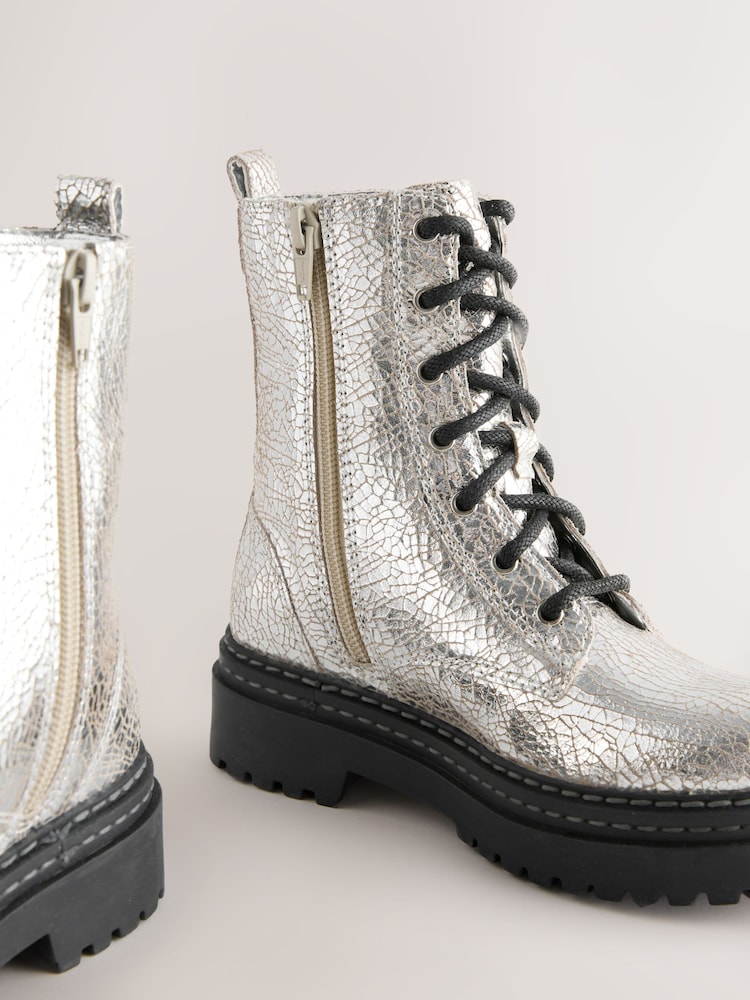 Silver Crackled Standard Fit (F) Leather Chunky Lace-Up Boots - Image 2 of 5 Silver Crackled Standard Fit (F) Leather Chunky Lace-Up Boots - Image 2 of 5