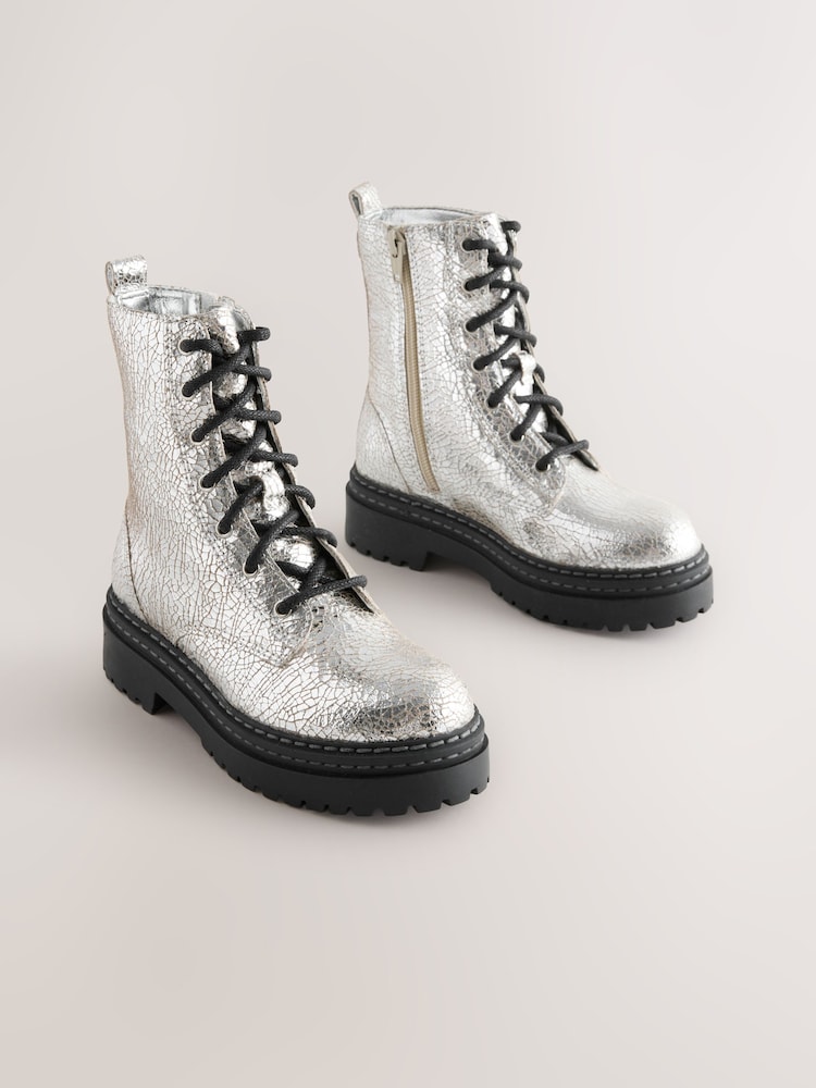 Silver Crackled Standard Fit (F) Leather Chunky Lace-Up Boots - Image 5 of 5 Silver Crackled Standard Fit (F) Leather Chunky Lace-Up Boots - Image 5 of 5