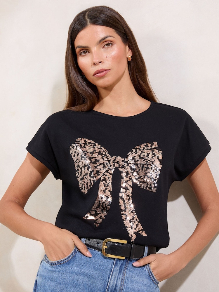 Lipsy Black Bow Sequin Graphic T-Shirt - Image 1 of 4