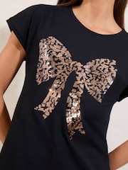 Lipsy Black Bow Sequin Graphic T-Shirt - Image 2 of 4