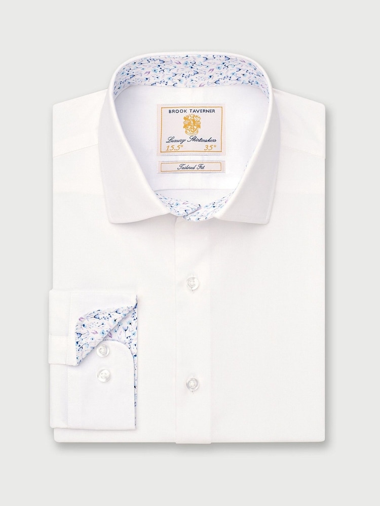 Brook Taverner White Herringbone Stretch Cotton Long Sleeve Shirt - Image 1 of 3