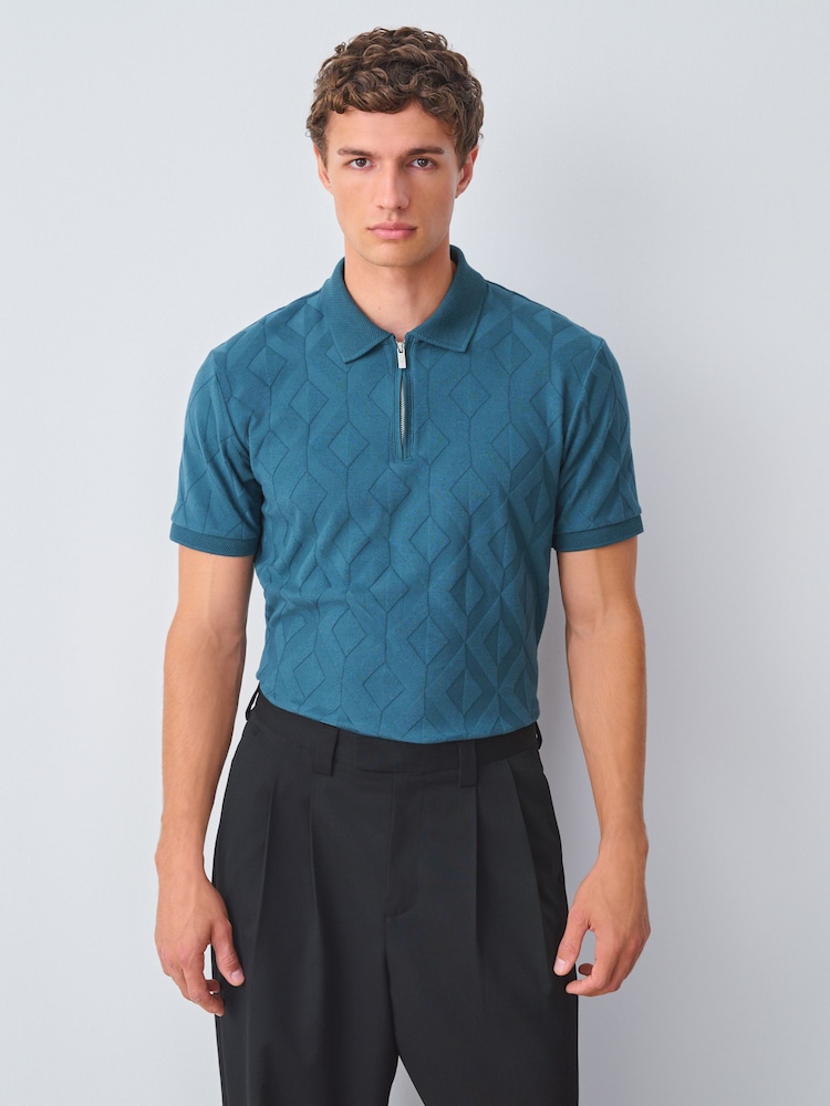 Teal Blue Regular Fit Smart Jaquard Polo Shirt - Image 1 of 5 Teal Blue Regular Fit Smart Jaquard Polo Shirt - Image 1 of 5