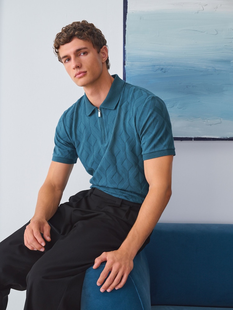 Teal Blue Regular Fit Smart Jaquard Polo Shirt - Image 2 of 5 Teal Blue Regular Fit Smart Jaquard Polo Shirt - Image 2 of 5
