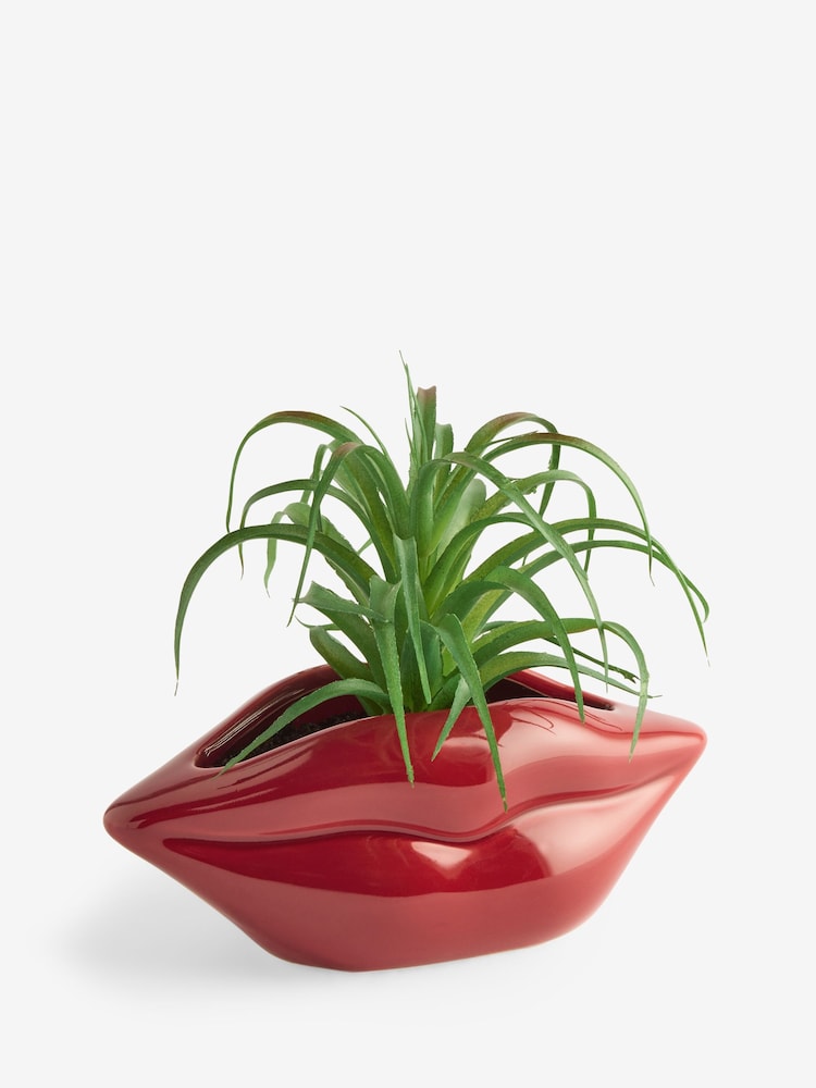 Green Artificial Succulent in Red Lips Vase - Image 3 of 3