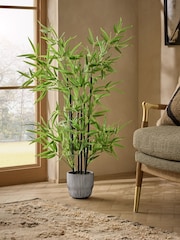 Green Artificial Bamboo Plant in Black Ribbed Pot - Image 1 of 4