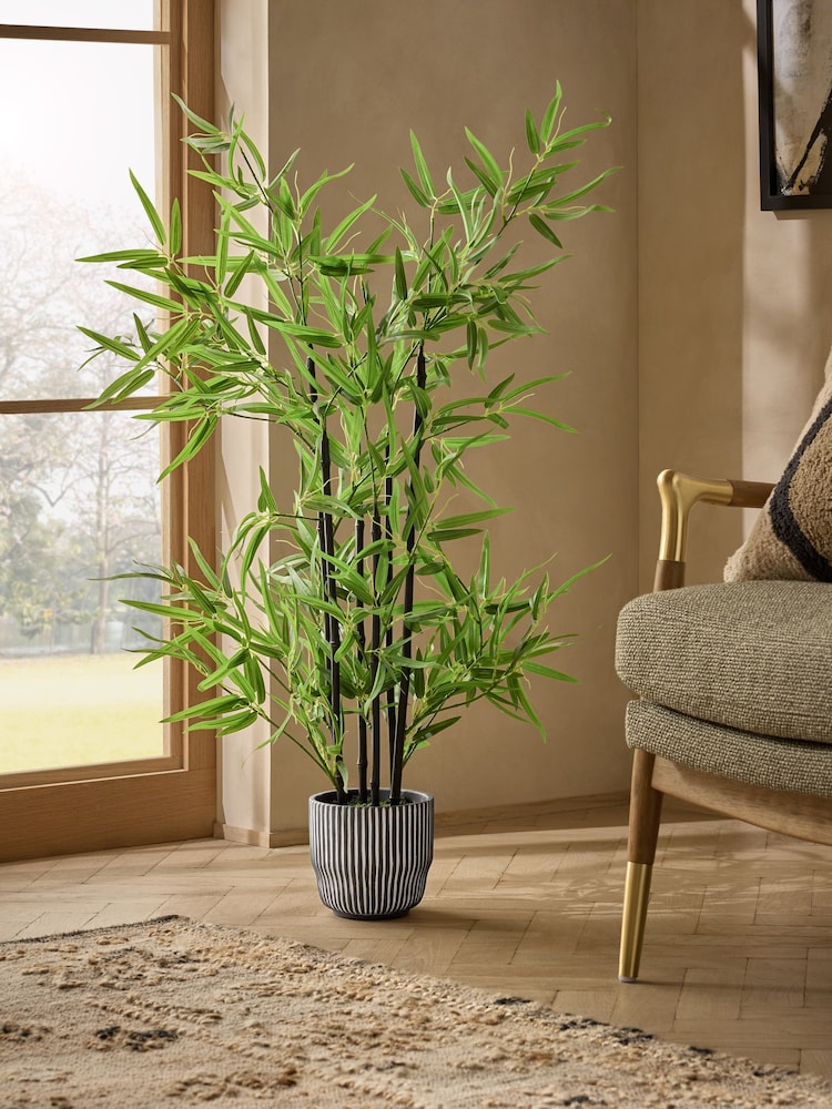 Green Artificial Bamboo Plant in Black Ribbed Pot - Image 1 of 4