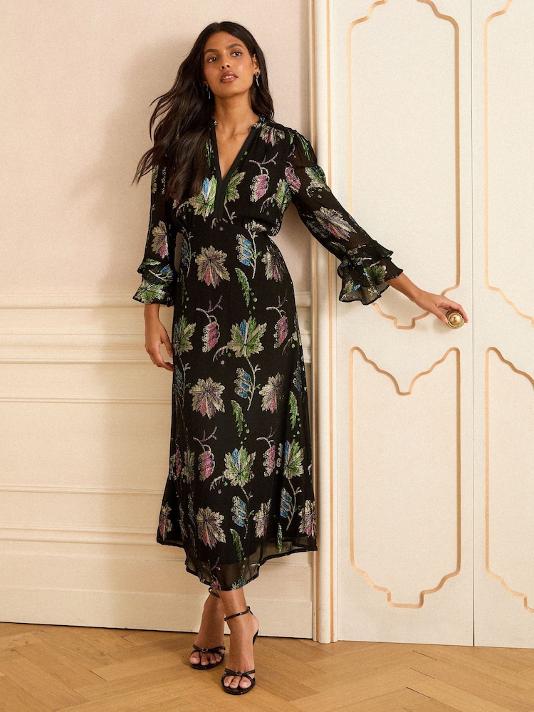 Love & Roses Black Leaf Metallic V-Neck Midi Dress - Image 1 of 4