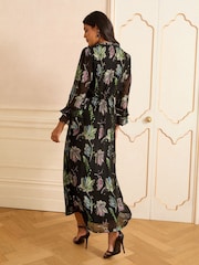 Love & Roses Black Leaf Metallic V-Neck Midi Dress - Image 4 of 4