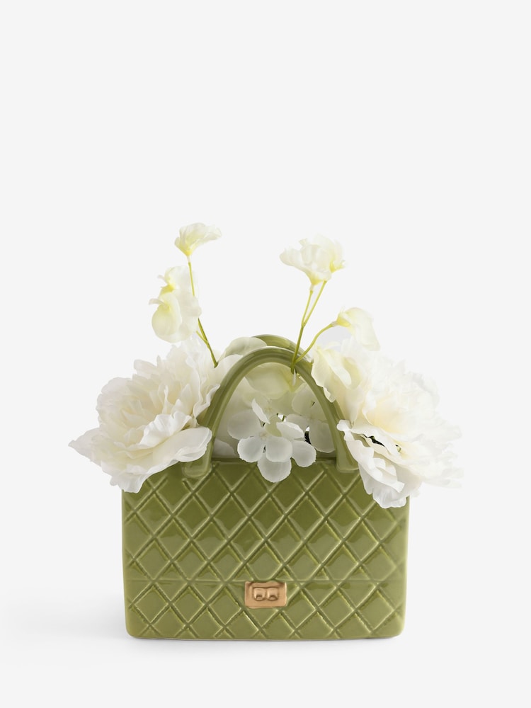 Green Handbag Vase With White Artificial Florals - Image 1 of 2