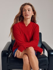 Cherry Red Fluffy Teddy Cosy V-Neck Long Sleeve Jumper - Image 1 of 8