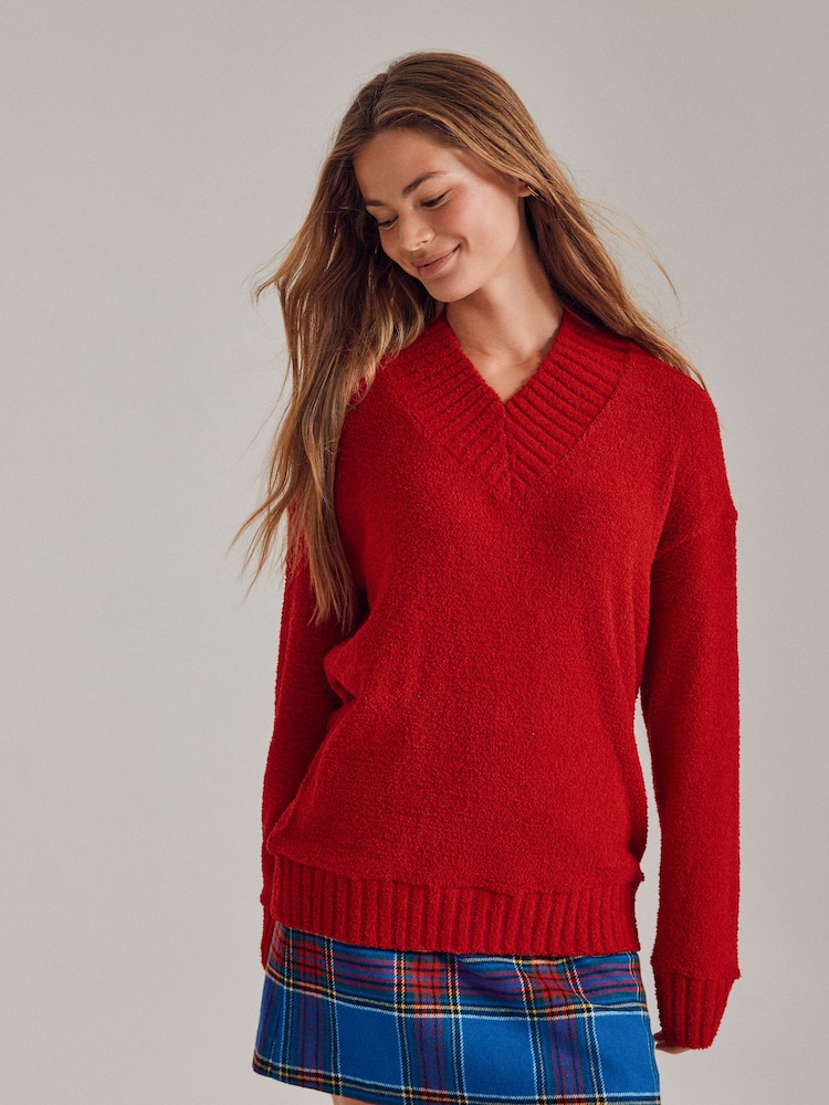 Cherry Red Fluffy Teddy Cosy V-Neck Long Sleeve Jumper - Image 2 of 8