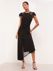 Lipsy Black Lace Insert Ruched Asymmetrical Fit And Flare Midi Dress - Image 3 of 5