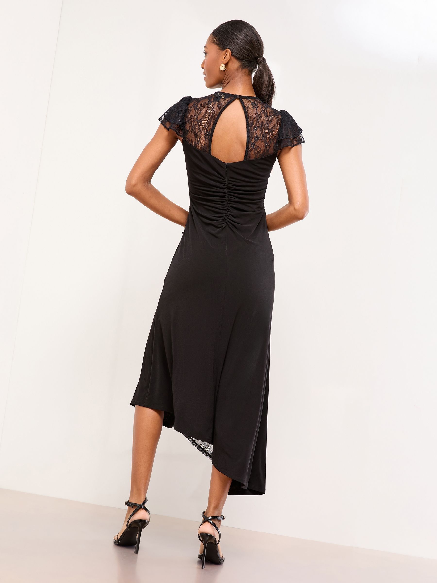 Buy Lipsy Black Lace Insert Ruched Asymmetrical Fit And Flare Midi