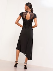 Lipsy Black Lace Insert Ruched Asymmetrical Fit And Flare Midi Dress - Image 5 of 5
