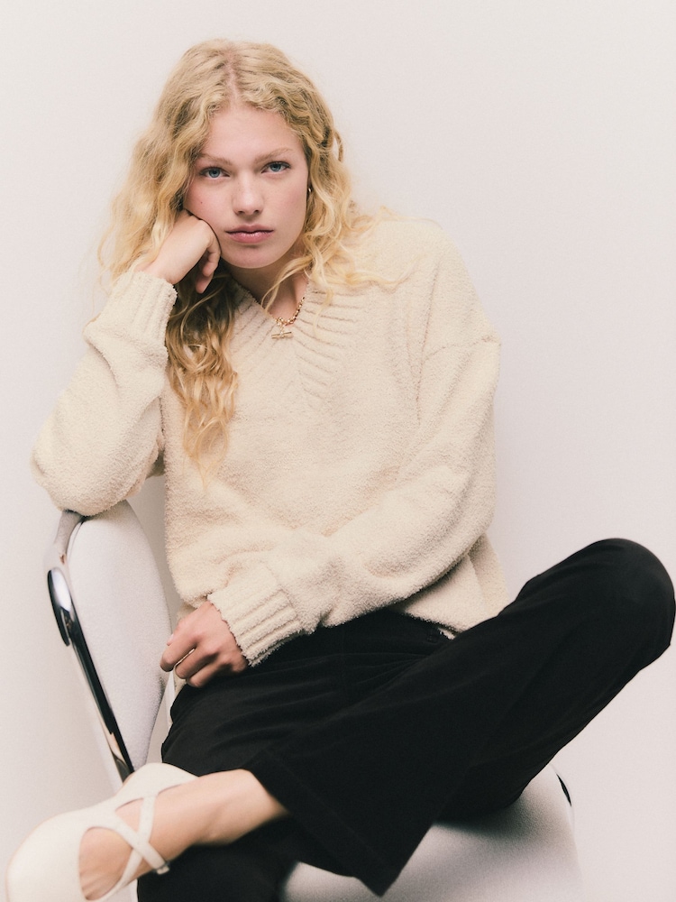 Neutral Fluffy Teddy Cosy V-Neck Long Sleeve Jumper - Image 1 of 7