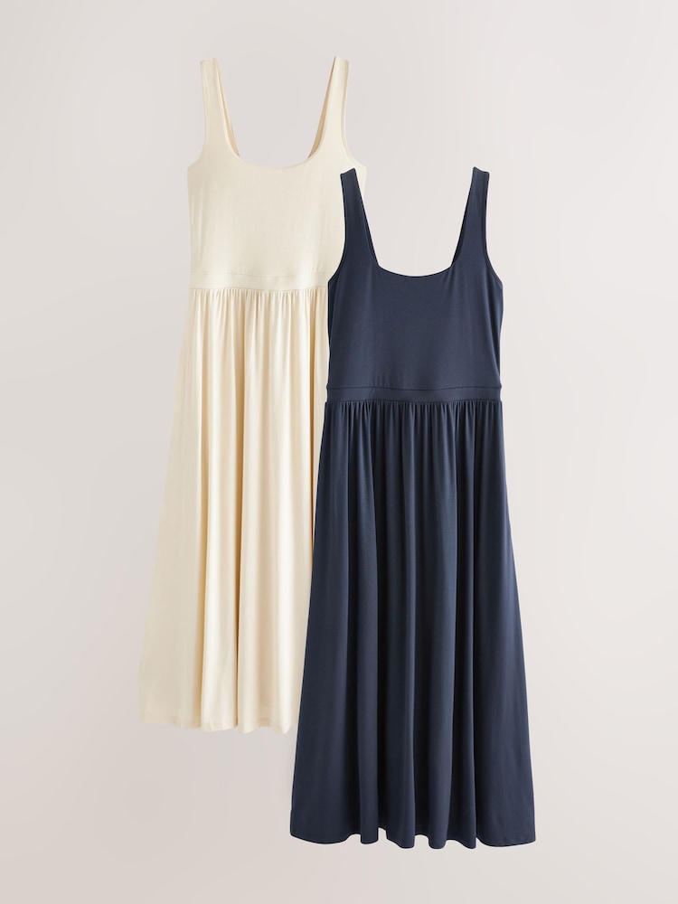 Ecru/Navy Jersey Waisted Summer Dress 2 Pack - Image 1 of 9