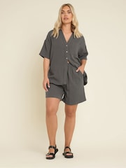 Yours Curve Grey Cheesecloth Co-Ord Shorts - Image 1 of 5