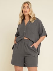 Yours Curve Grey Cheesecloth Co-Ord Shorts - Image 2 of 5