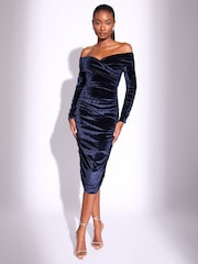 Lipsy Navy Velvet Long Sleeve Bardot Fit And Flare Midi Dress - Image 1 of 4
