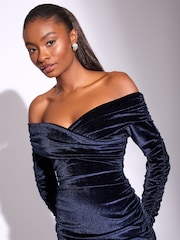 Lipsy Navy Velvet Long Sleeve Bardot Fit And Flare Midi Dress - Image 3 of 4