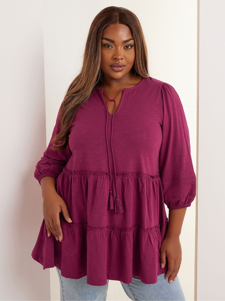 Yours Curve Red Slub Tierred Boho 100% Cotton Top - Image 1 of 5