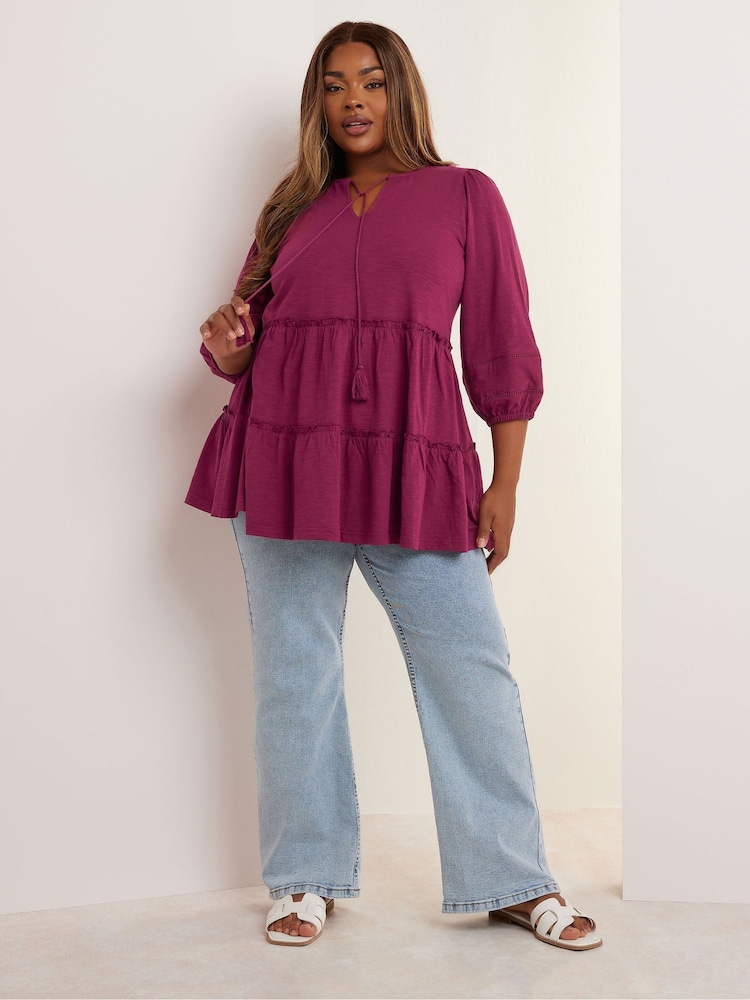 Yours Curve Red Slub Tierred Boho 100% Cotton Top - Image 2 of 5
