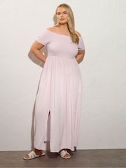 Yours Curve Pink Shirred Bardot Maxi Dress - Image 1 of 5