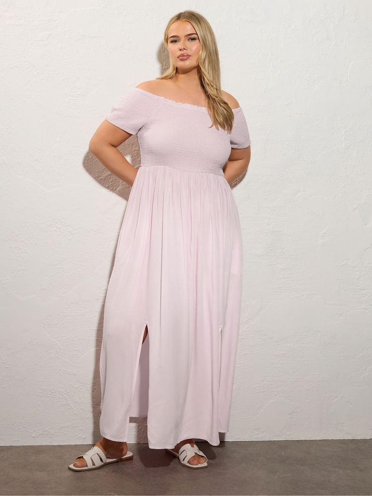 Yours Curve Pink Shirred Bardot Maxi Dress - Image 1 of 5
