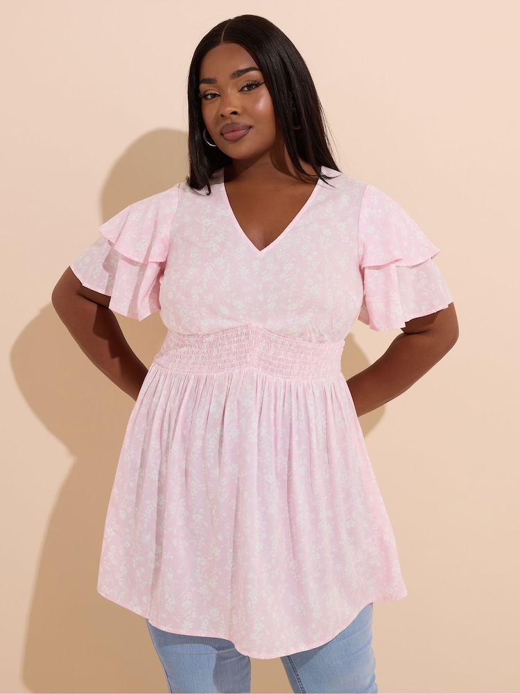 Yours Curve Pink Flutter Sleeve Top - Image 1 of 5