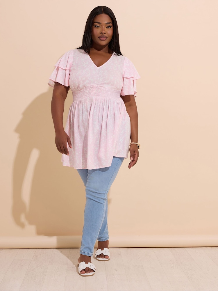 Yours Curve Pink Flutter Sleeve Top - Image 2 of 5