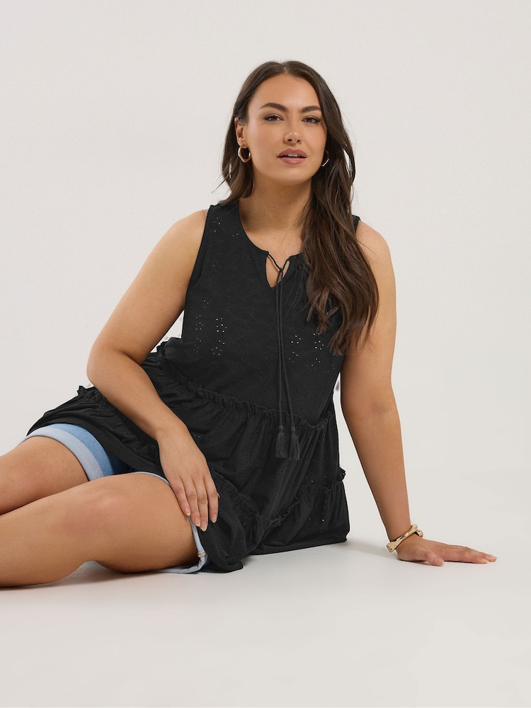 Black Broderie Tierred Vest Top - Image 1 of 5