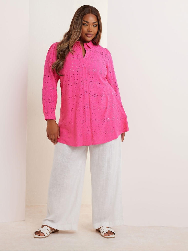 Yours Curve Pink Broderie Long Sleeve Shirt - Image 2 of 5