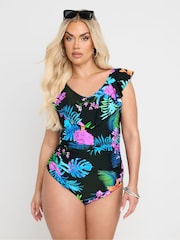 Yours Curve Black Premium Tropical Frill Swimsuit - Image 1 of 6