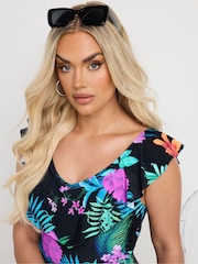 Yours Curve Black Premium Tropical Frill Swimsuit - Image 4 of 6
