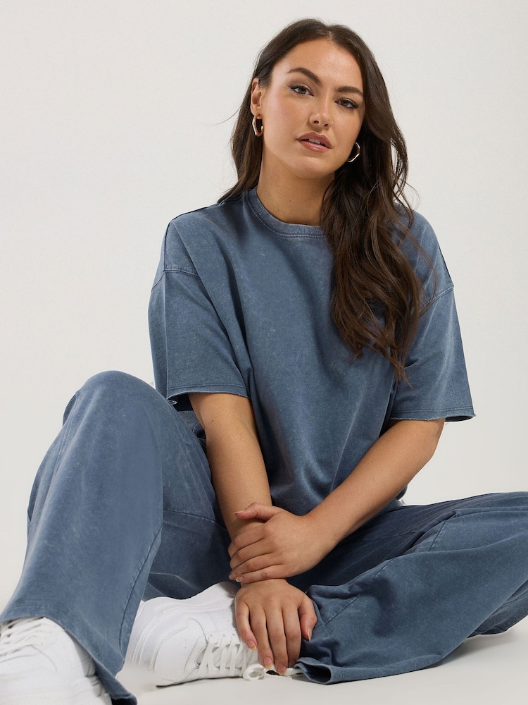 Yours Curve Blue Acid Wash Sweat 100% Cotton Top & Joggers Set - Image 1 of 4 Yours Curve Blue Acid Wash Sweat 100% Cotton Top & Joggers Set - Image 1 of 4