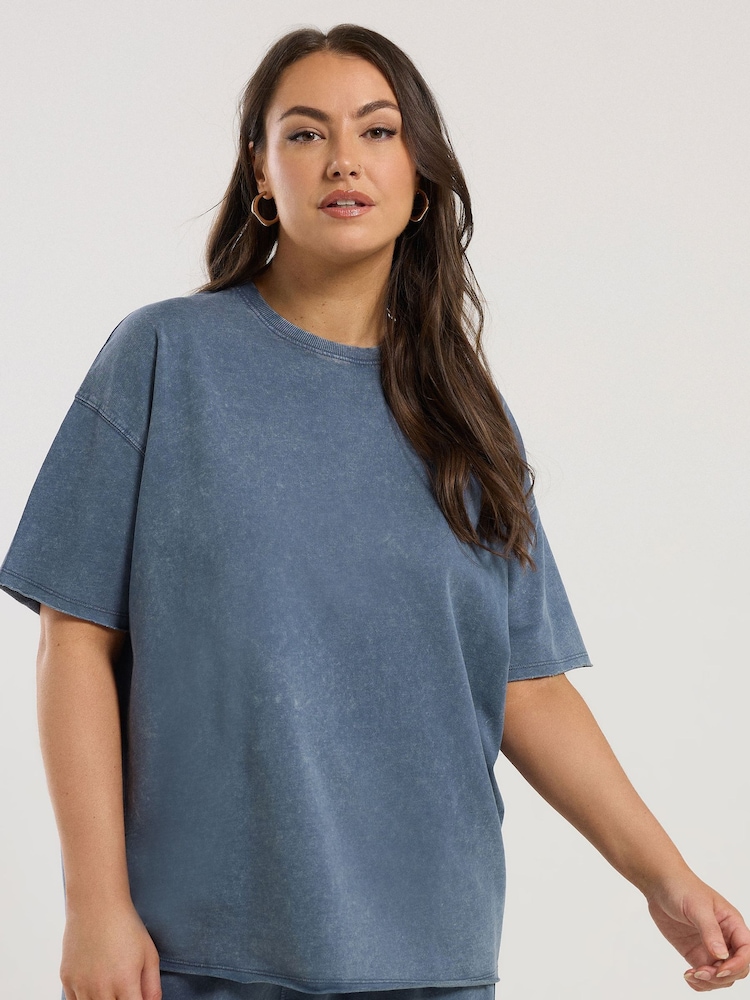 Azul - Yours Curve Acid Wash Sweat 100% Cotton Top & Joggers Set - Imagen 2 de 4