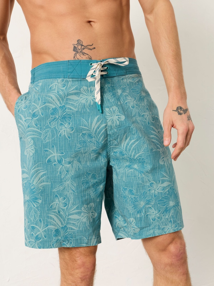 FatFace Camber Teal Blue Bamboo Print Swim Shorts - Image 1 of 4