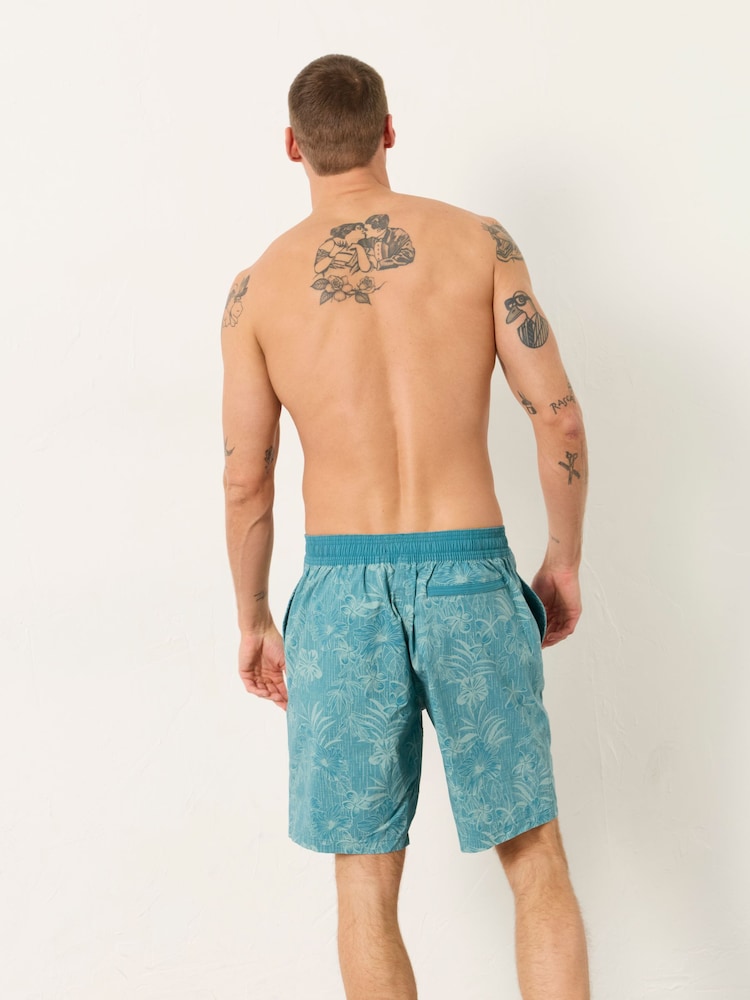 FatFace Camber Teal Blue Bamboo Print Swim Shorts - Image 2 of 4