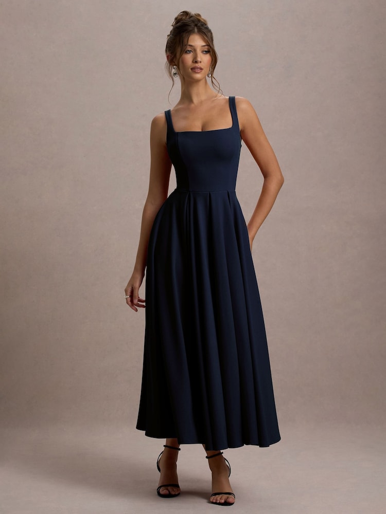 Club L London Blue Parina Strappy Volume Hem Midi Dress - Image 1 of 4