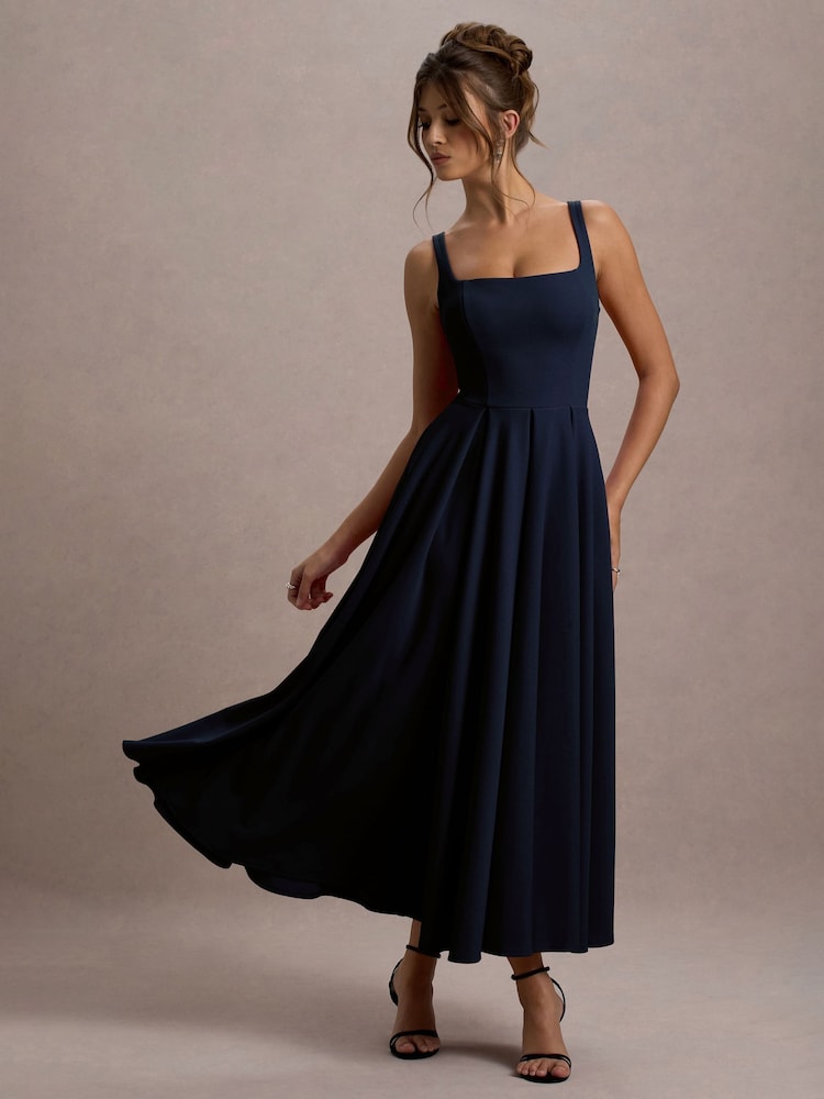 Club L London Blue Parina Strappy Volume Hem Midi Dress - Image 4 of 4